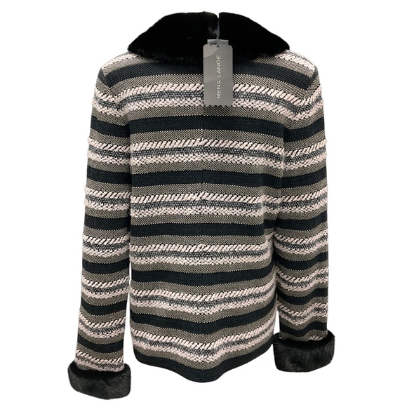 RENA LANGE SLATE / BLACK MULTI MINK FUR TRIMMED WOOL KNIT CARDIGAN SWEATER - Picture 3 of 6
